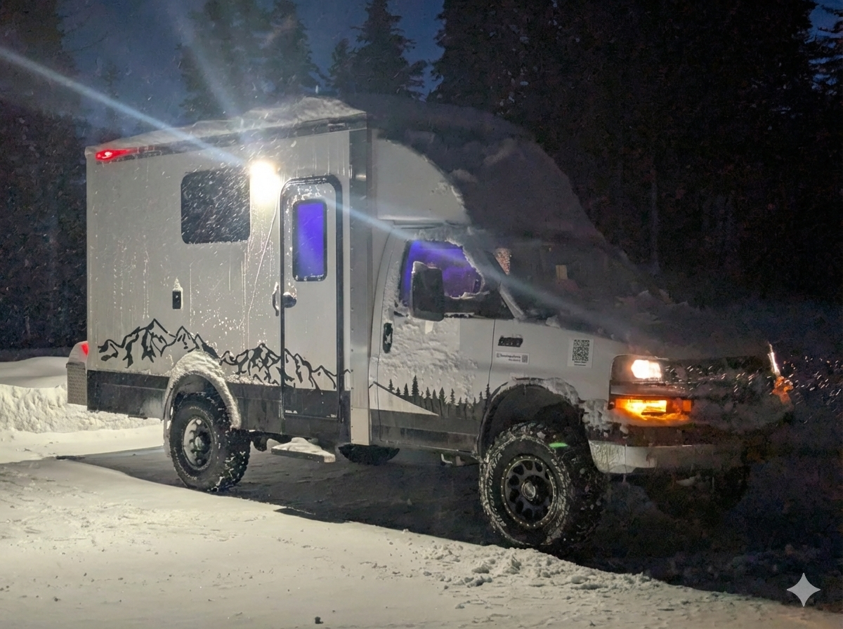 Custom ski van in a blizzard at night